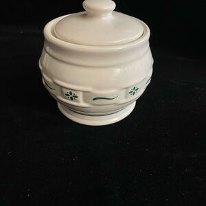 Longaberger Pottery Woven Traditions Green Sugar and Creamer Set